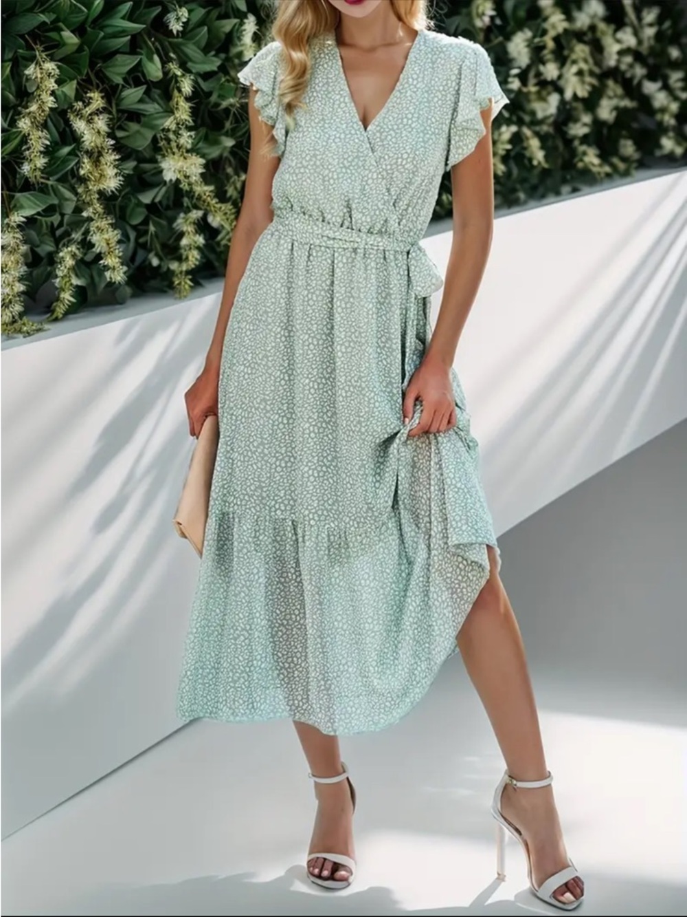 NWT. Wrap Front Floral Midi Dress in Mint Green